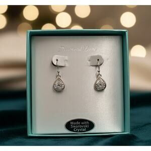 Swarovski Crystal Teardrop Dangle Earrings Platinum Tone Hooks in Gift Box